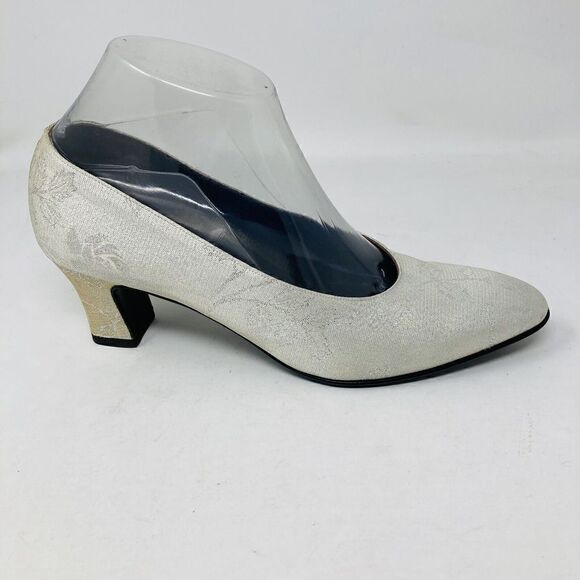 SALVATORE FERRAGAMO Classic‎ Champagne Sparkle Satin 2” Heel Shoe Sz 8.5B Narrow - Picture 1 of 14
